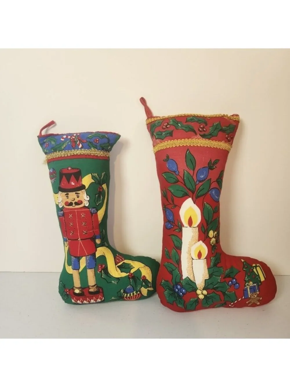 Vintage Stuffed Stocking Pillow Lot of 2 Candle Nutcracker 80s Kitsch Christmas
